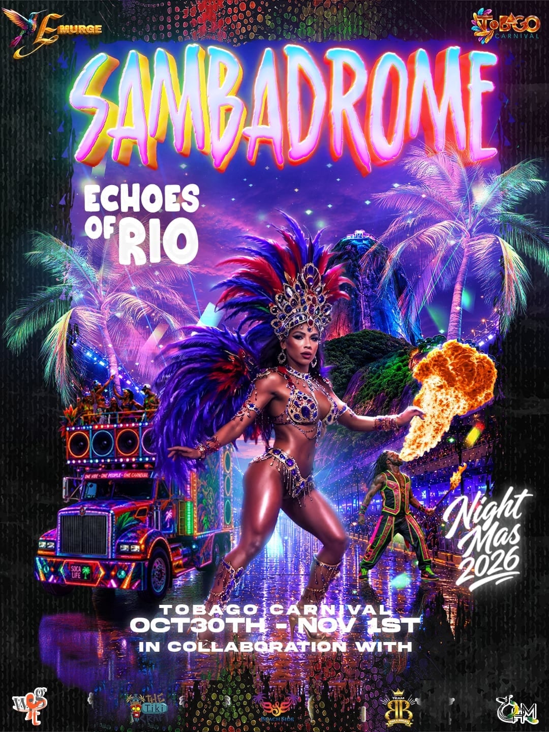 EMURGE Sambadrome: Echoes of Rio Night Mas flyer with a dancer and fire