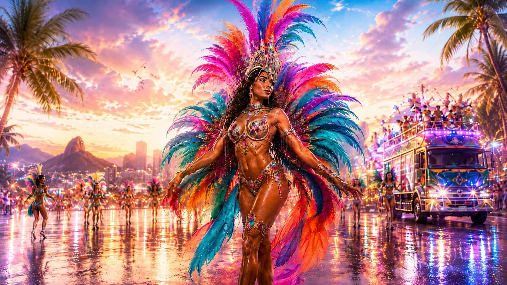 EMURGE Sambadrome: Echoes of Rio theme artwork: a masquerader in a towering pink, orange and turquoise feather backpiece on a glowing carnival road at sunset