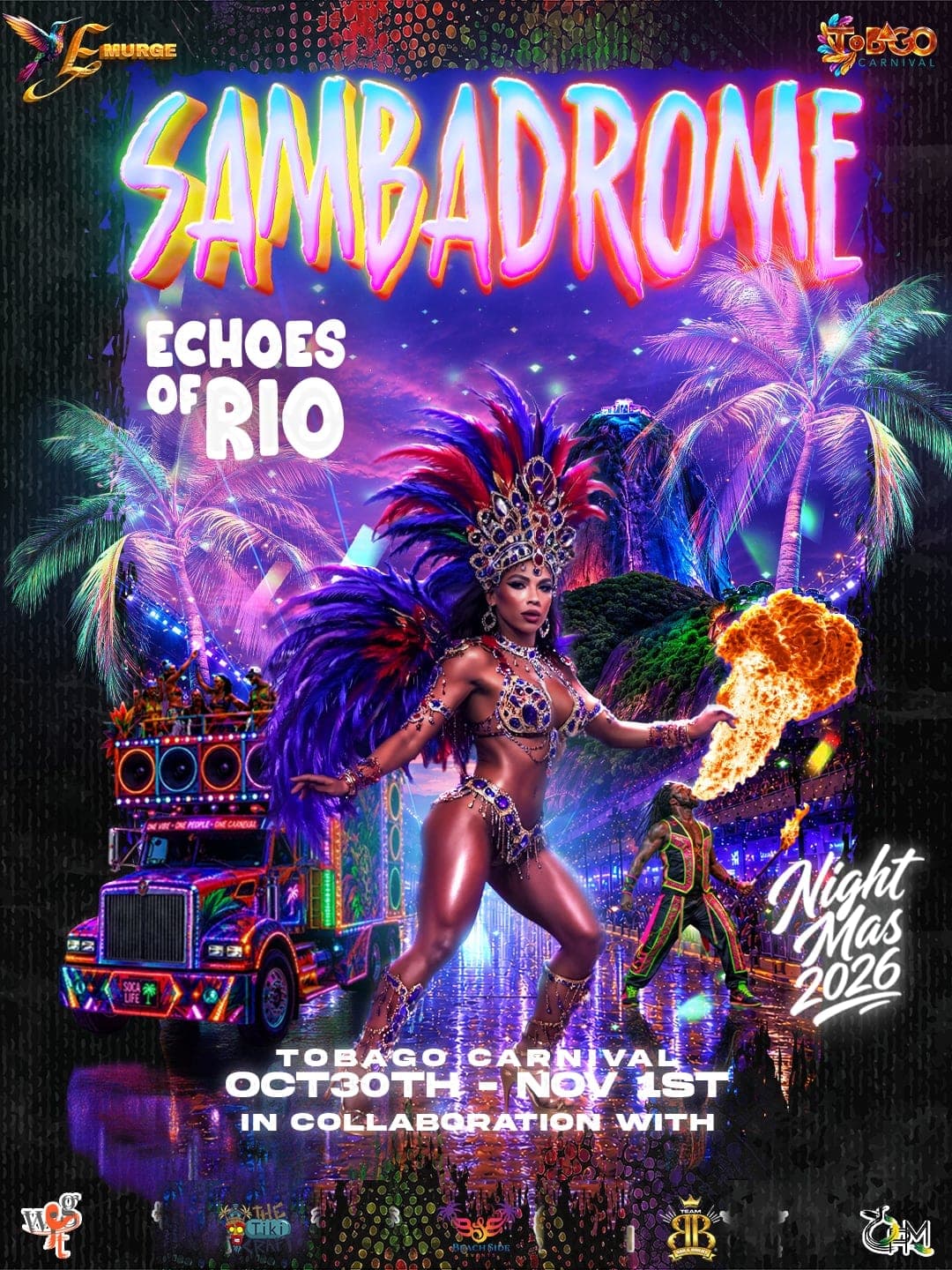 EMURGE Sambadrome: Echoes of Rio Night Mas flyer with a dancer and fire