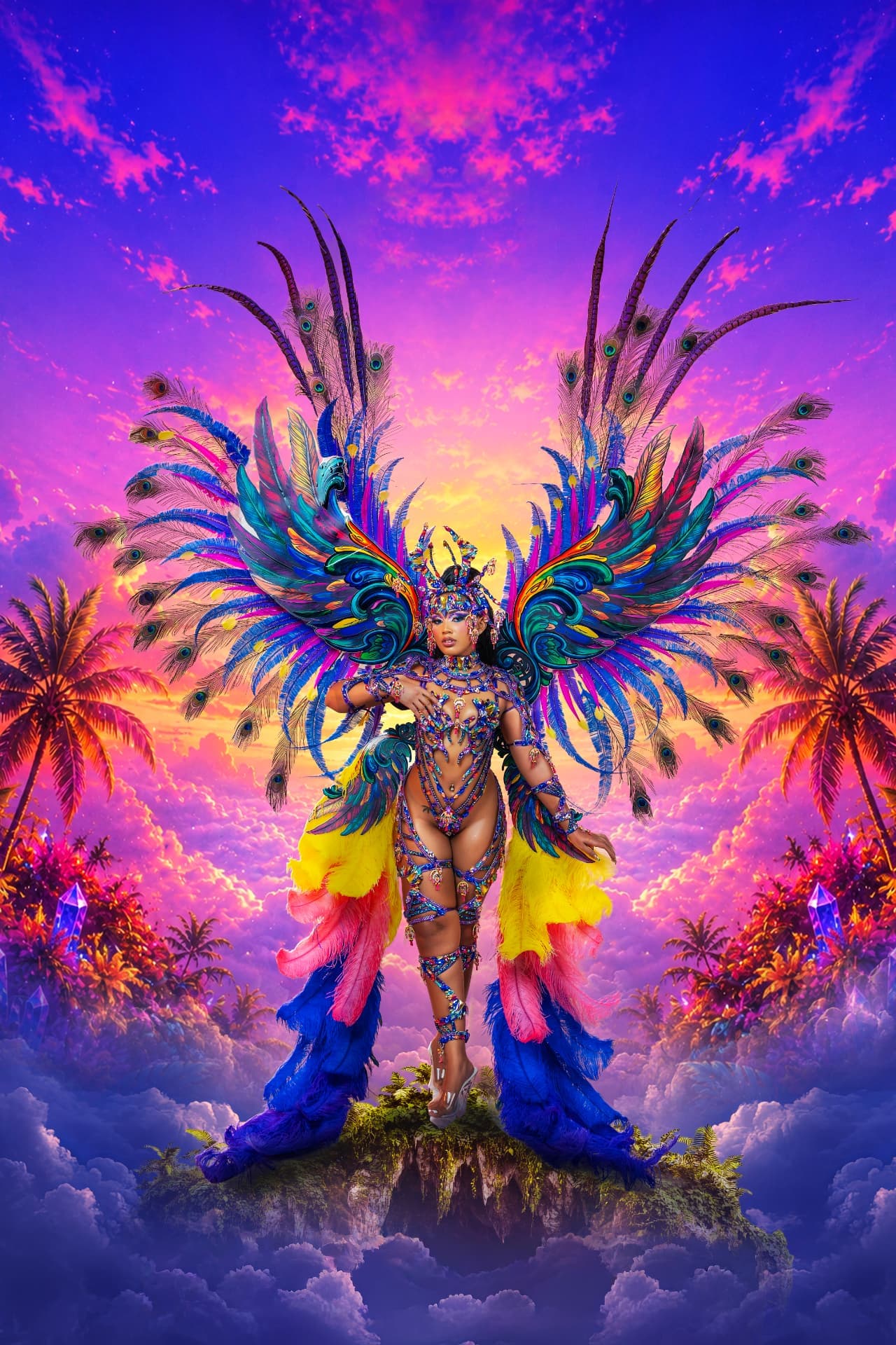 Fog Angels Fantasy Island (Tobago Carnival 2026) Exotic Birds costume option, a feathered costume shown against a digitally created fantasy sky