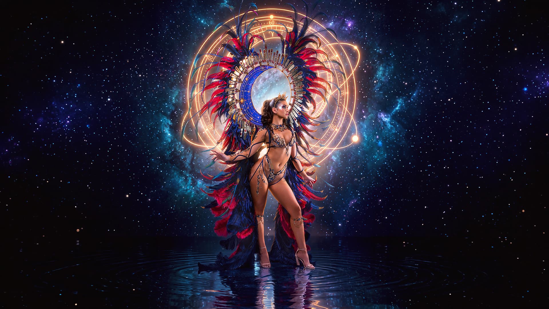 Harts 2027 Cosmic Chaos, Velora section: masquerader in a red and purple feathered costume with a glowing orbital backpiece against a starfield