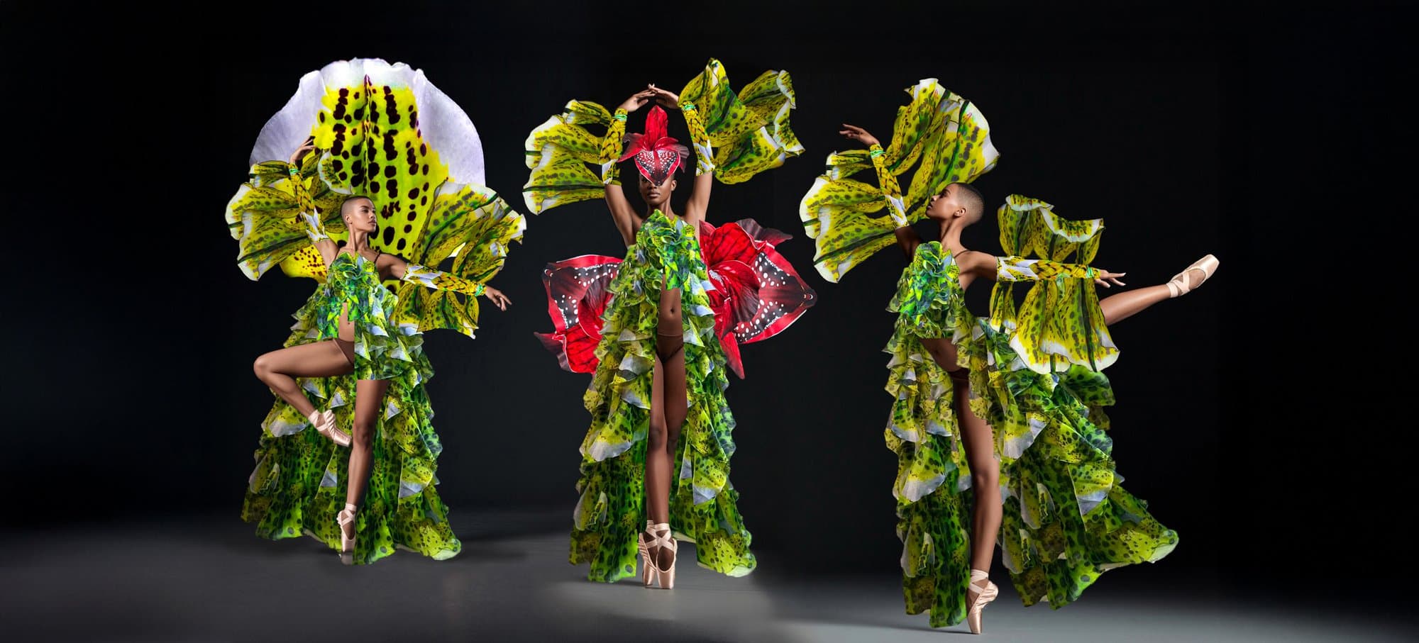 Three dancers in K2K's green and yellow Bulldog Lady Slipper Orchid costumes from Pollen Houses (Carnival 2026), photographed in studio