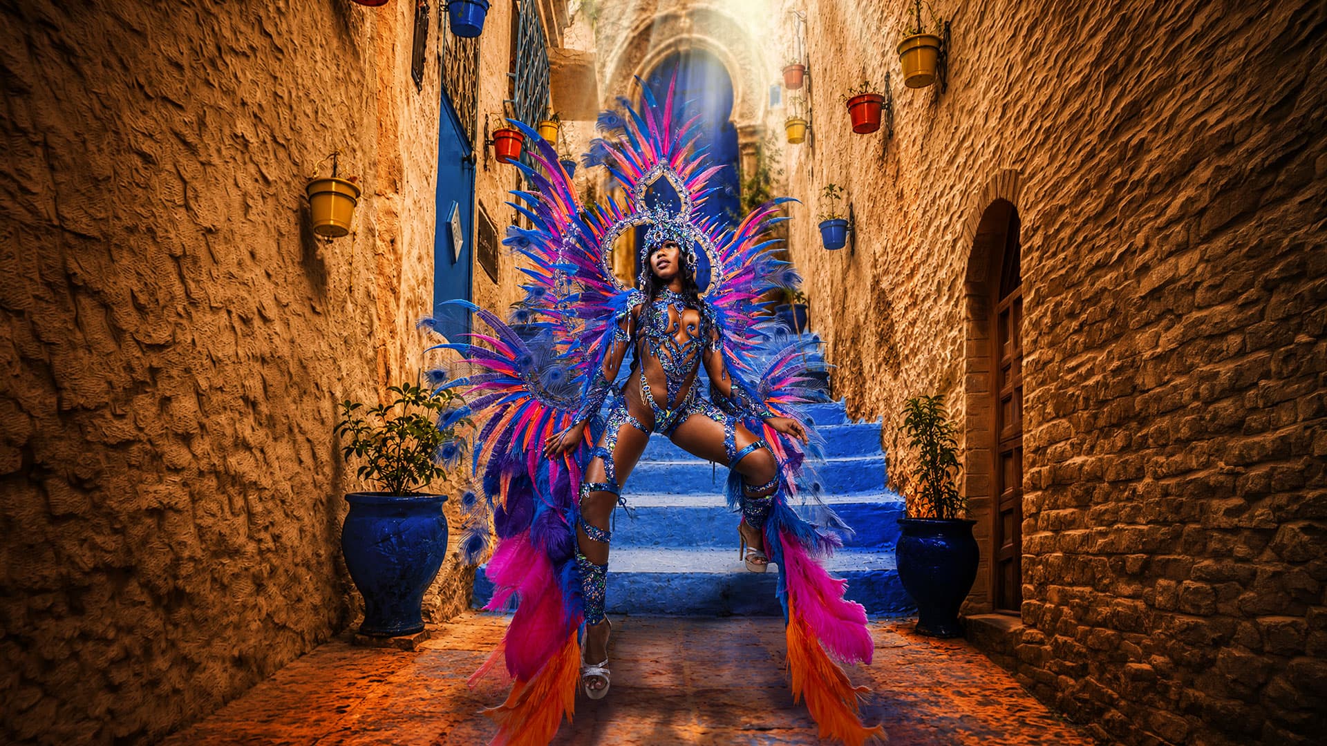Paparazzi 2027 Fes, Asraq section: masquerader in a blue and purple feathered costume on steps in a lantern-lit medina alley
