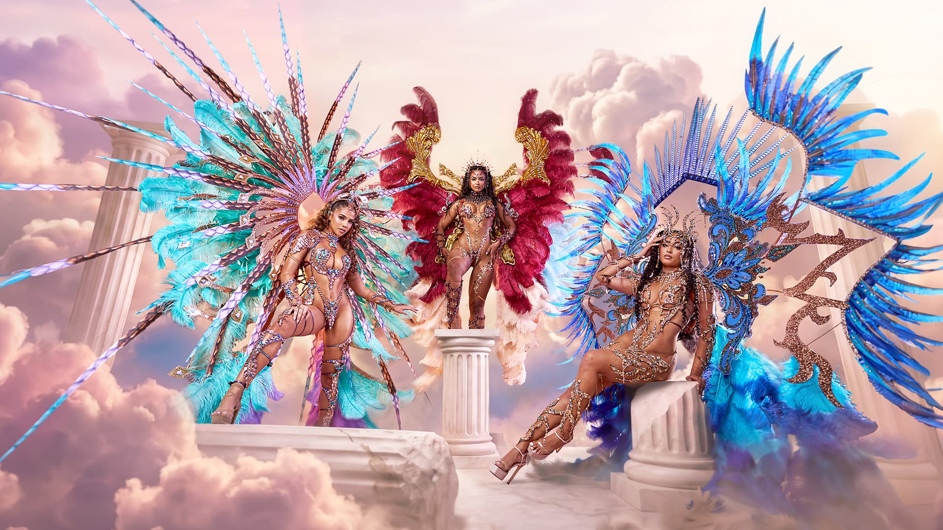 TRIBE 2027 Elysia promo: three masqueraders in feathered costumes in pink, red and blue posed among Greek columns above the clouds